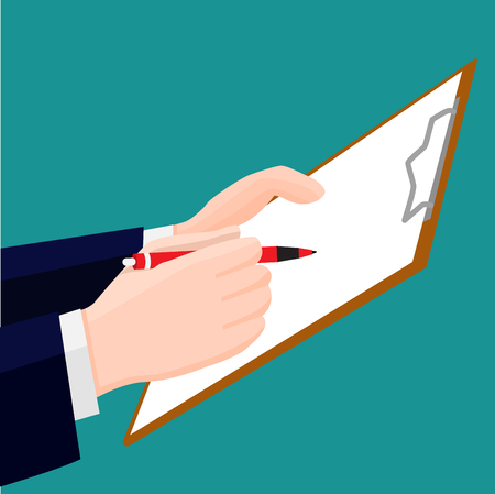 Hand signing blank red clipboard with white a4 paper. Business hold pen or pencil and clipboard. Flat design style, Vector Illustration.のイラスト素材