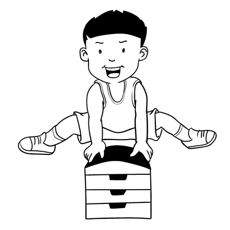 Hand drawn Boy Jumping Gymnastic Buck, Cartoon with Victory sign, Isolated on white background. Black and White simple line Vector Illustration for Coloring Book - Line Drawn Vector Illustration.のイラスト素材
