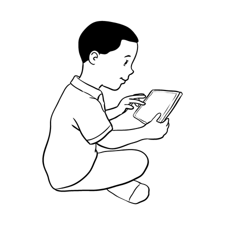 Hand drawn Boy holding Tablet, sitting on floor, Isolated on white background. Black and White simple line Vector Illustration for Coloring Book - Line Drawn Vector Illustration.のイラスト素材