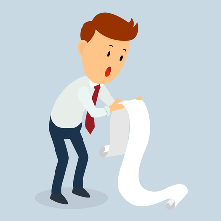 Businessman shocked holding debt letter, in cartoon, flat Illustration.のイラスト素材
