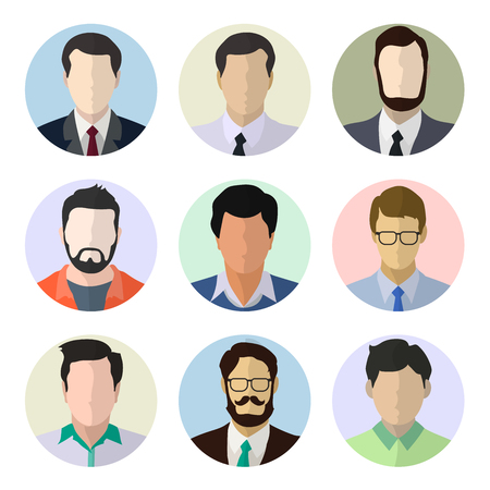Male avatar human faces, Set of people icons in flat style with faces on circle background.  Vector men character- Flat vector design Illustration.のイラスト素材