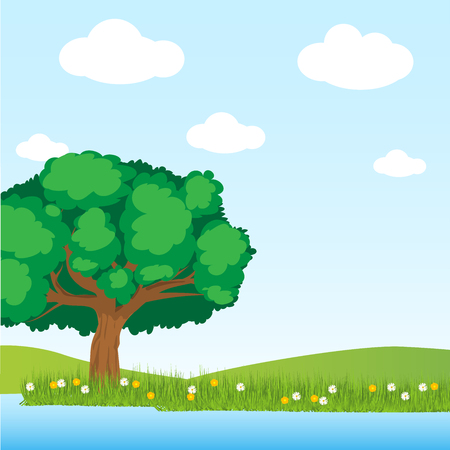 Greenery Tree and lake scene in the field on blu sky background with cloud - Vector Illustration vector.のイラスト素材