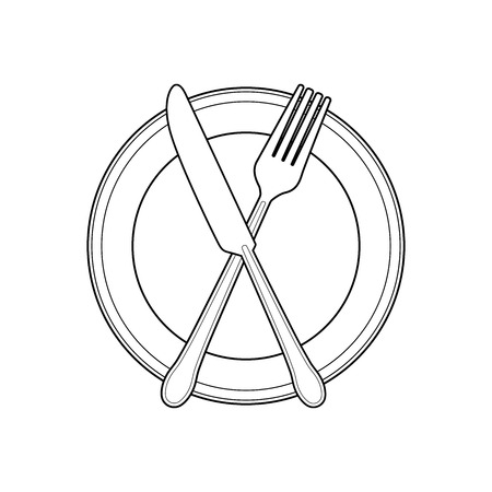 Empty plate with knife and fork on a white background. Linear style-Vector Illustrationのイラスト素材