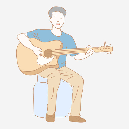 Guitarist Man playing guitar sitting on plastic container. Music concept, flat style graphic design - vector illustration.のイラスト素材
