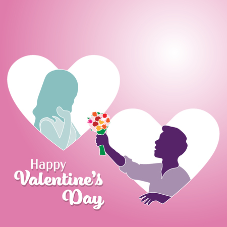 Silhouette Couple Lovers giving flowers in heart sign, happy couple, love, cartoon characters, romantic date, Flat Vector Illustrationのイラスト素材