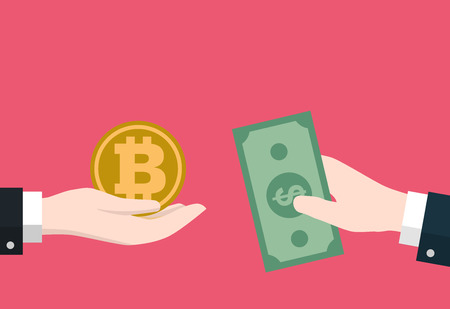 Businessman hand hold Bitcoin and dollar Icon for exchang, for business, web banners, sites design, Online bitcoin payment concept. Vector Illustration, Flat style Vector Iconic Illustrationのイラスト素材