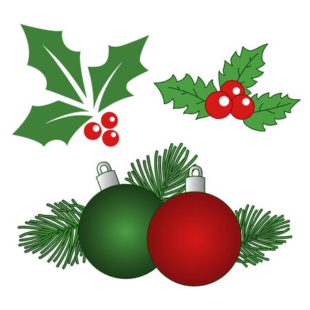 Set of Christmas decorations with red and green balls, fir-tree branches, Holly, red berries, Christmas bubble isolated on white background. Vector Illustration.のイラスト素材