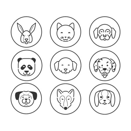 Set of animals head icons. Modern icons design, mono color symbol. Contains Rabbit, dogs, cat, fox, panda. vector line pictogram.のイラスト素材