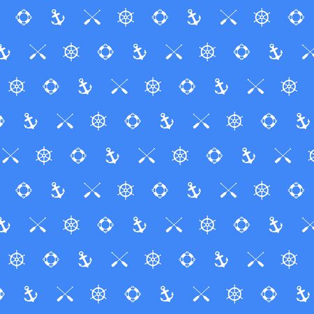 Nautical pattern seamless summer sea pattern with Boat steering, Life Buoy, Anchors and Paddles on Blue background. Nautical pattern vectorのイラスト素材