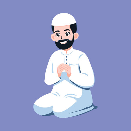 Muslim man doing prayer. Prayers in congregation. Muslim man prays in white clothing, isolated cartoon flat vector illustration.のイラスト素材