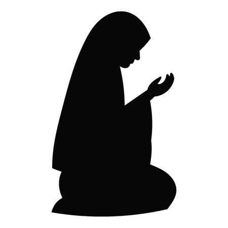 A silhouettes of solemnly muslim woman raising their hands in prayer, kneeling and bowing, vector illustration, isolated on white background.のイラスト素材