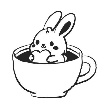 Cute rabbit in tea coffee cup. Cute, funny animal pet character for Valentines day concept. Linear vector black and white illustrationのイラスト素材