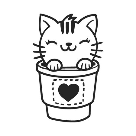 Cute cat in tea coffee cup. Cute, funny animal pet character for Valentines day concept. Linear vector black and white illustrationのイラスト素材