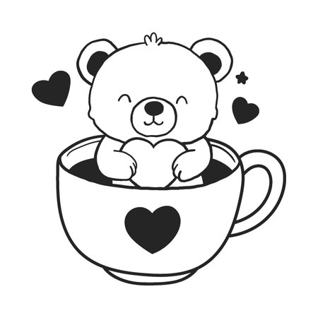 Cute bear in tea coffee cup. Cute, funny animal pet character for Valentines day concept. Linear vector black and white illustrationのイラスト素材