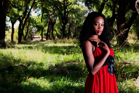 Beautiful African American woman standing outdoors in a forested areaの写真素材
