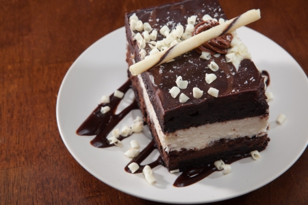 Single piece of chocolate mousse cake on white plateの写真素材