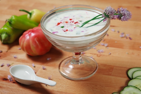 White Gazpacho Soup garnished with Tomatoesの写真素材