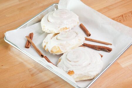 Fresh baked Cinnamon rolls with icingの写真素材