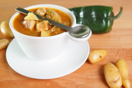 Green chile stew garnished with a Poblanos pepper and fingerling potatoesの写真素材