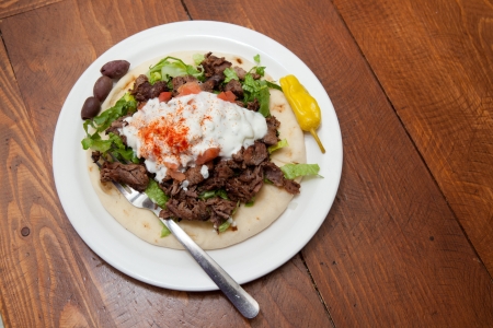 Top down look at lamb gyro on pitaの写真素材