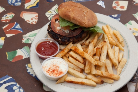 Kufta hamburger with french fries and dipping saucesの写真素材