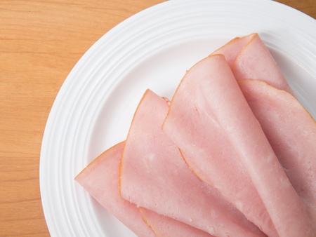 Plate of deli sliced smoked hamの写真素材