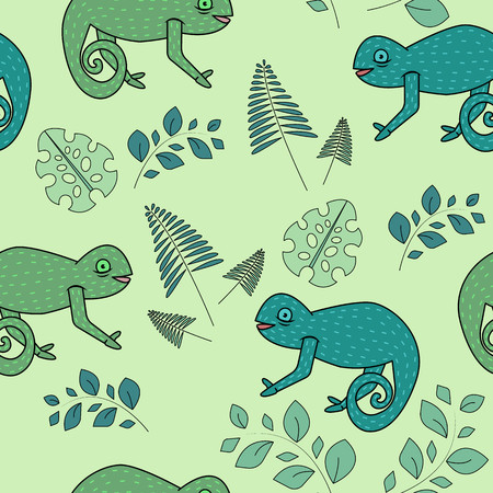 Seamless vector pattern chameleons - cartoon style - plants and animals - covers, labelsのイラスト素材