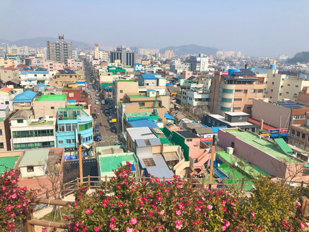 Brightly colored rooftops, narrow streets, and a backdrop of mountains and haze convey the vibrant yet dense layout of a typical South Korean city.の写真素材