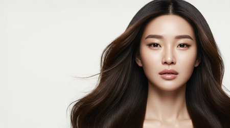 Studio close-up portrait of a beautiful young Asian woman with long, dark, glossy hair and flawless glowing skin. Minimal makeupの素材