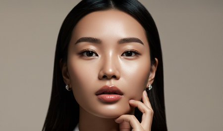 High-resolution close-up portrait of an elegant Asian woman with luminous, flawless, and radiant skin.の素材