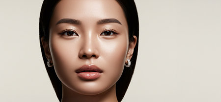 High-resolution close-up portrait of an Asian woman with flawless glowing skin, glossy natural lips, and minimal makeup.の素材