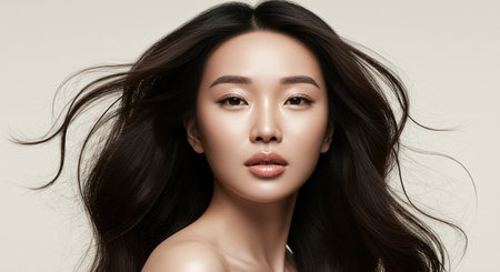 Close-up portrait of an elegant Asian woman with glowing flawless skin, glossy lips, and voluminous flowing dark hair captured in motion.の素材