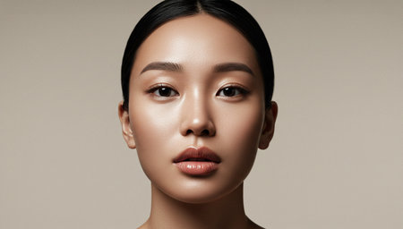 High-resolution close-up front portrait of an elegant Asian woman with flawless, radiant, and glowing skin.の素材