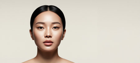 Close-up studio portrait of an Asian woman with flawless radiant skin and natural glossy lips.の素材
