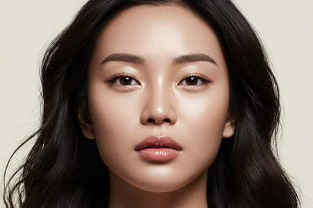 High-resolution studio close-up of an Asian woman with flawless radiant skin, natural glossy lips, and defined eyebrows.の素材