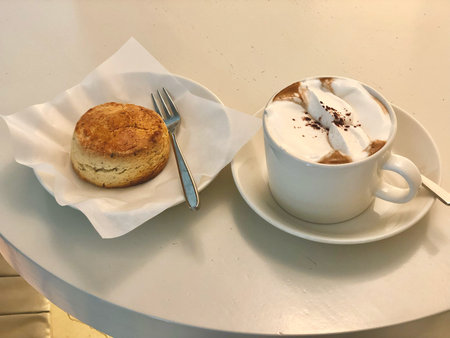 A cozy cafe scene featuring a cup of Vienna coffee, also known as EinspÃ¤nner, topped with whipped cream, served with a freshly baked scone on a white table.の写真素材