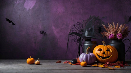Halloween still life with jack-o'-lantern, pumpkins, witch hat, and autumn leaves on a rustic table with purple background.の素材
