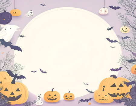 Halloween pumpkins, ghosts, bats, and spooky decorations framing a round copy space on a purple background. Perfect for banners, posters, and invitations.の素材