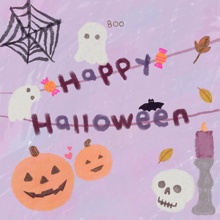 Cute pastel Halloween illustration with hand drawn pumpkins, ghosts, skull, spider web, and candies on a purple background.の写真素材