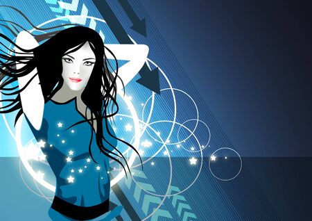 Silver Electro Girl dancing on a funky blue backdropの写真素材