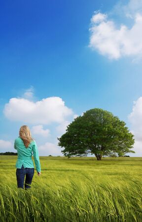 A lady walking in a field towards a tree.の写真素材