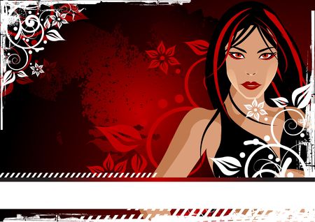 female with red eyes against a floral background.の写真素材