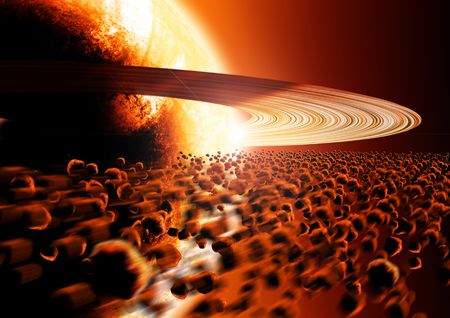 A close up of a ringed planet.
