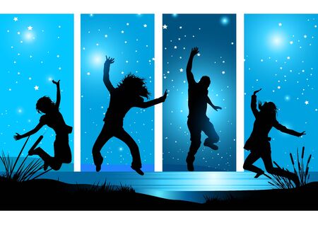 Happy people reaching for the stars! All elements are individual objects. Easy to change and adapt. No flattened transparencies.の写真素材
