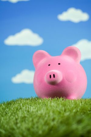 A Piggy bank in a field. Money saving concept.の写真素材