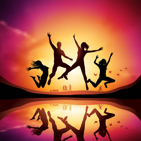 Young active people jumping. Vector illustration.のイラスト素材