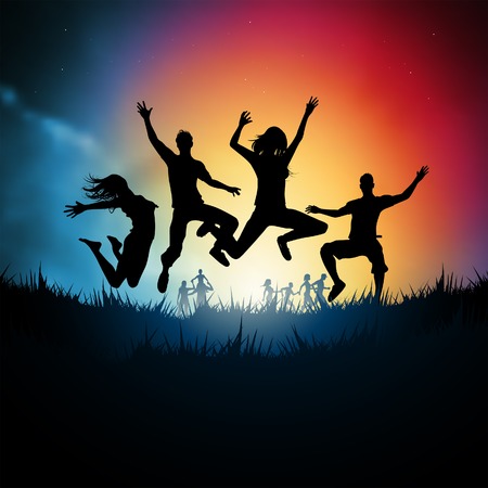 Friends jumping together. Vector illustration.のイラスト素材