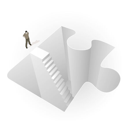 Crowd Source - Into The Puzzle. A man stands before stairs leading into a puzzle piece.のイラスト素材