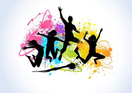 Jumping people set against spray paint elements.のイラスト素材