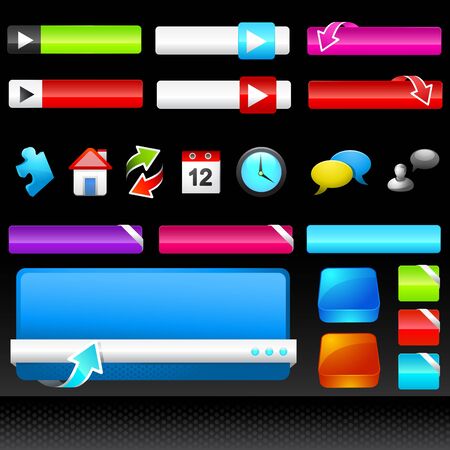 A collection of colourful web design icons, boxes and buttons.のイラスト素材